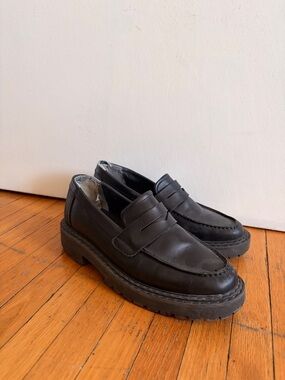 Women’s Black Leather Penny Loafers - chunky sole